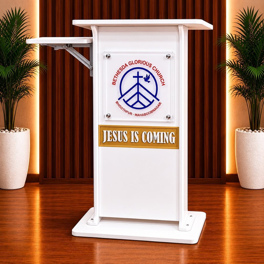 Modern White Church Podium with Retractable Side Tray | BETHESDA GLORIOUS CHURCH Edition