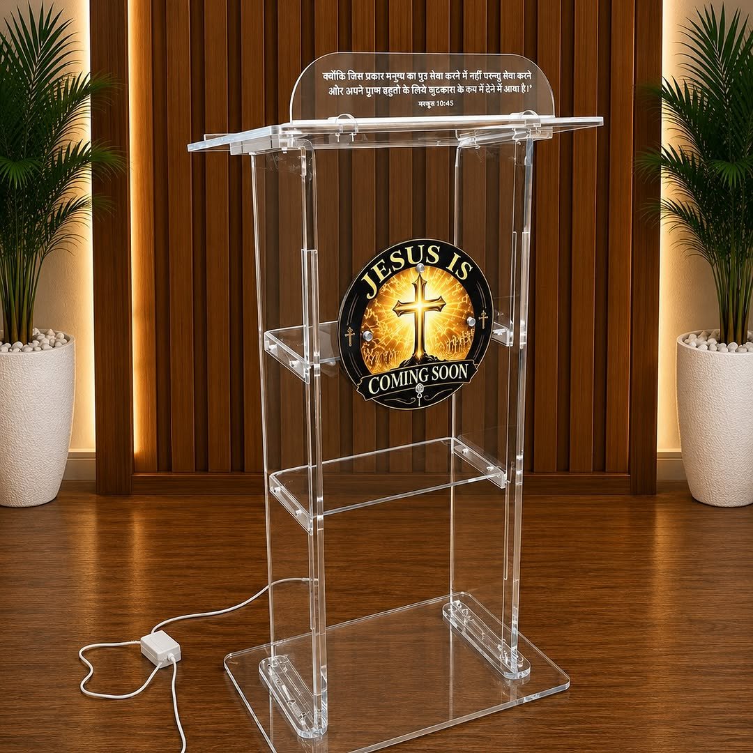 Premium Acrylic Church Pulpit – “Jesus Is Coming Soon” Transparent Podium